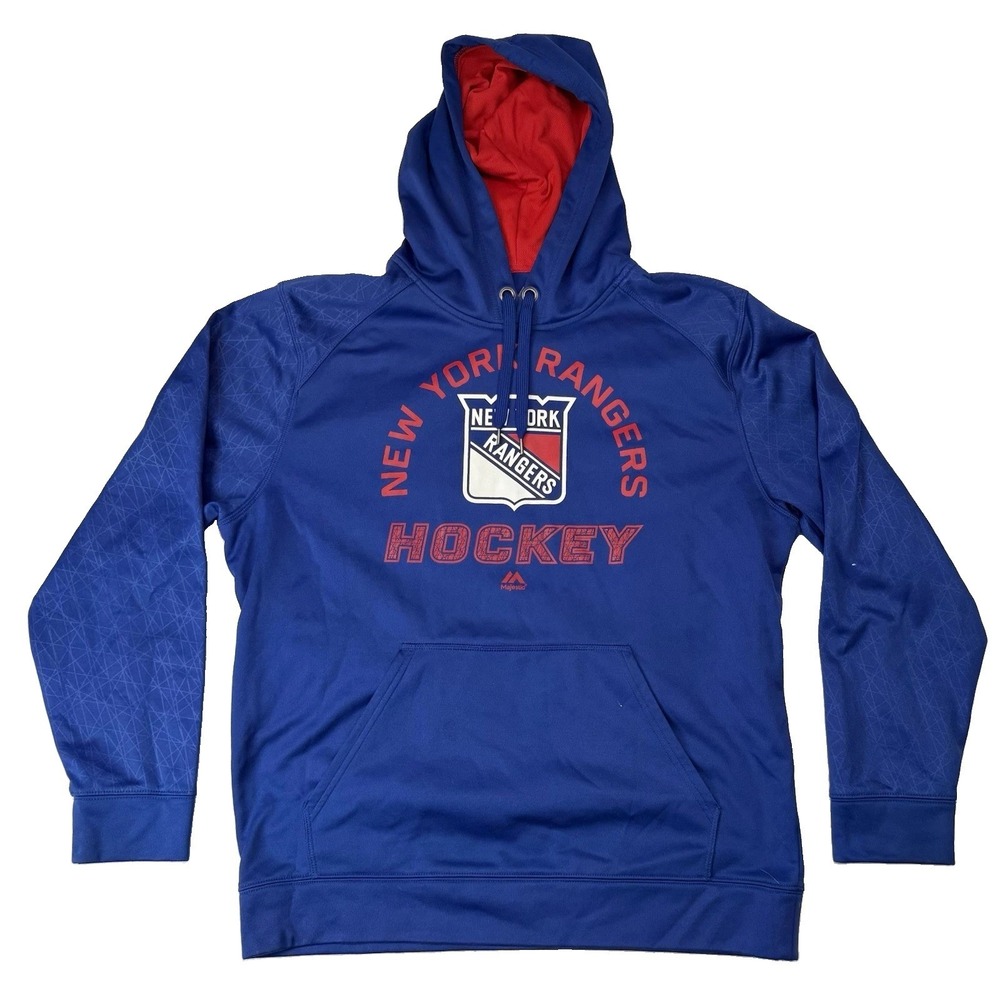 New York Rangers Hoodie Mens Large Blue Fleece Pullover NHL Lightweight Majestic